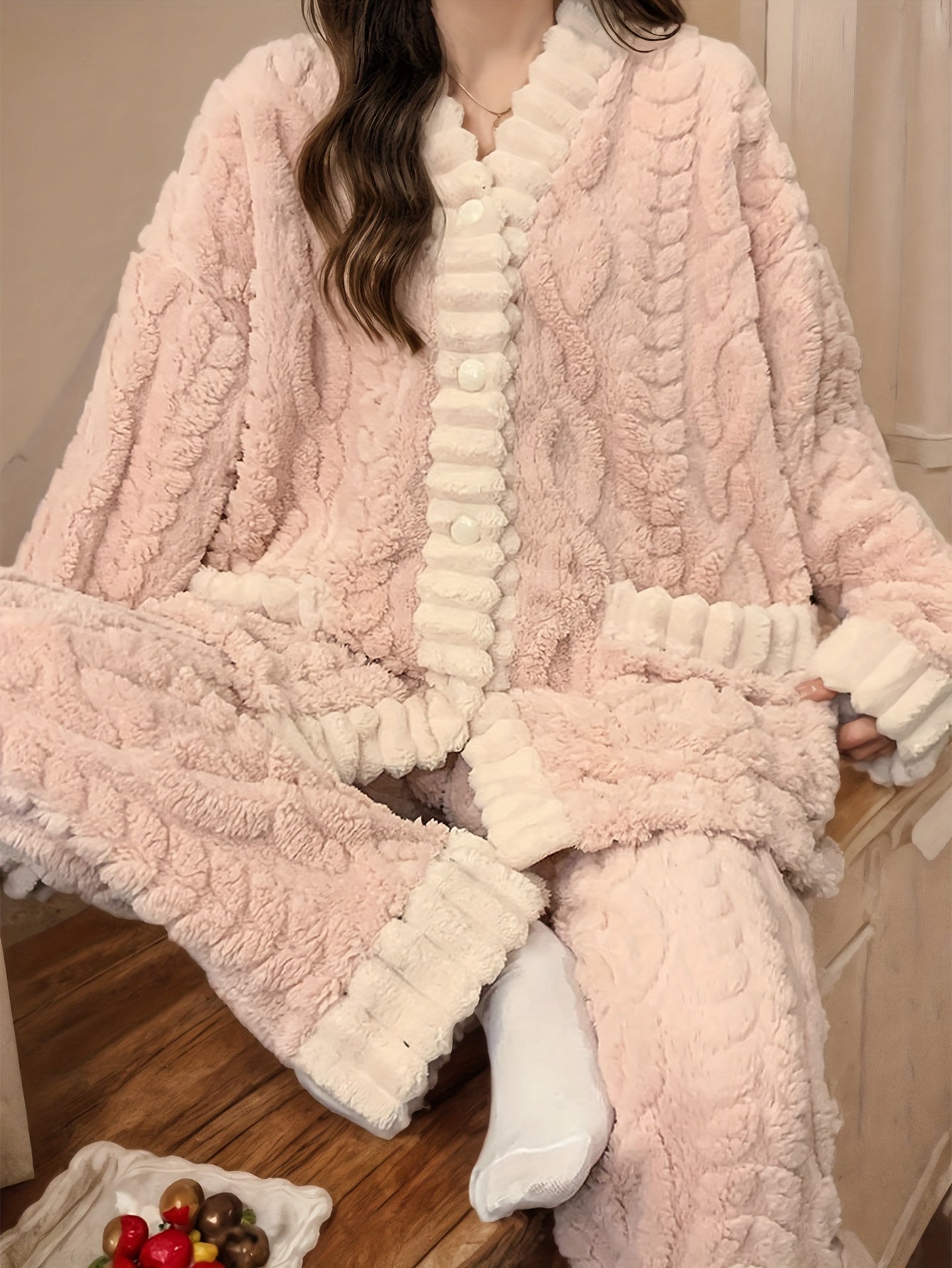 Fleece Lounge Set | V-Neck Button Top | Cozy Winter Warmth | Polyester