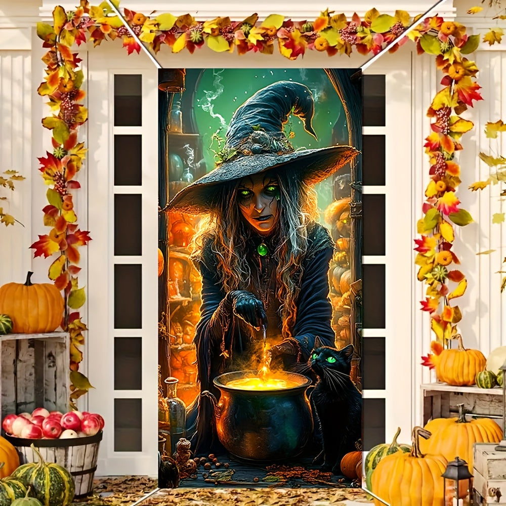 Halloween Witch and Cat Door Cover - Durable Vinyl Indoor Decor Backdrop