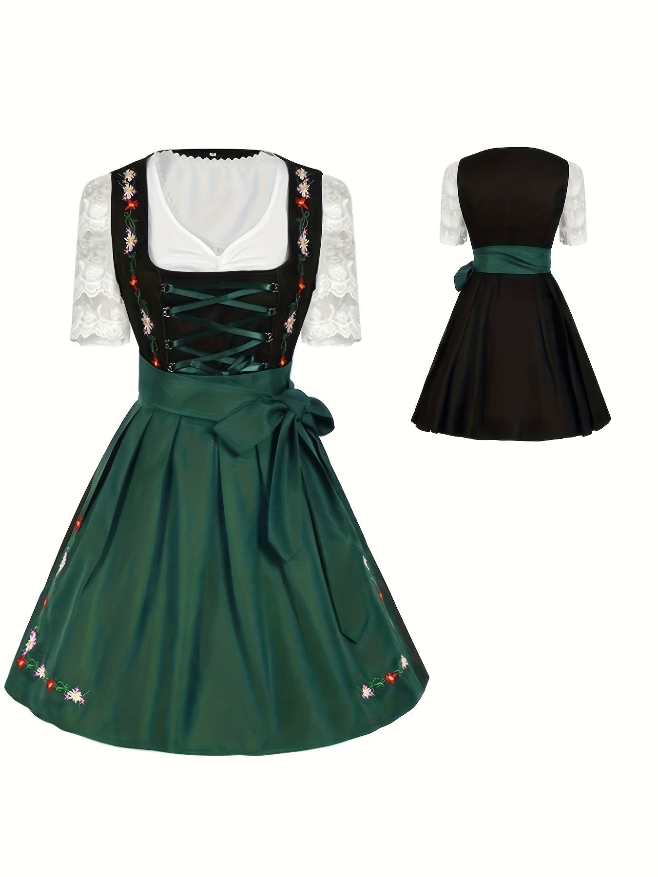 Women's Bavarian Oktoberfest Dirndl Dress with Floral Embroidery and Lace Sleeves