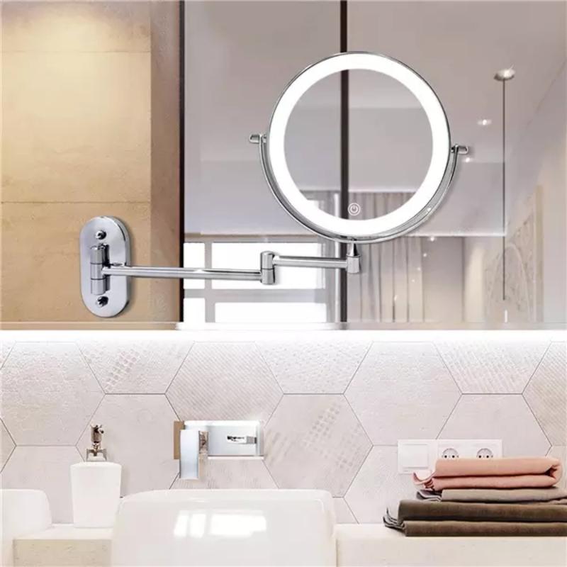Wall-Mounted LED Magnifying Vanity Mirror | Adjustable Arm & Rechargeable LED Light | Chrome Silver & Stainless Steel | Space-Saving Design