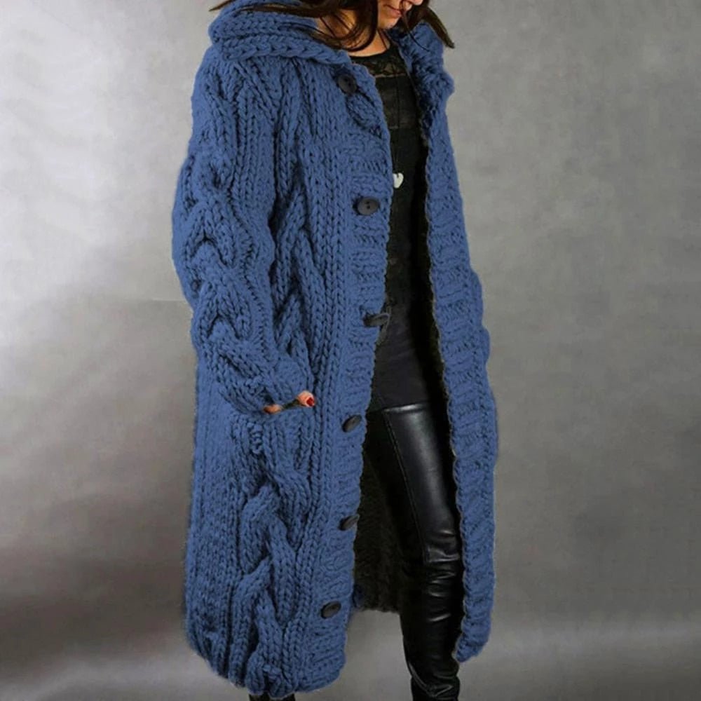 Women’s Long Knit Coat | Acrylic & Cotton Blend | Hooded with Button Closure | Mid-Calf Length Warmth