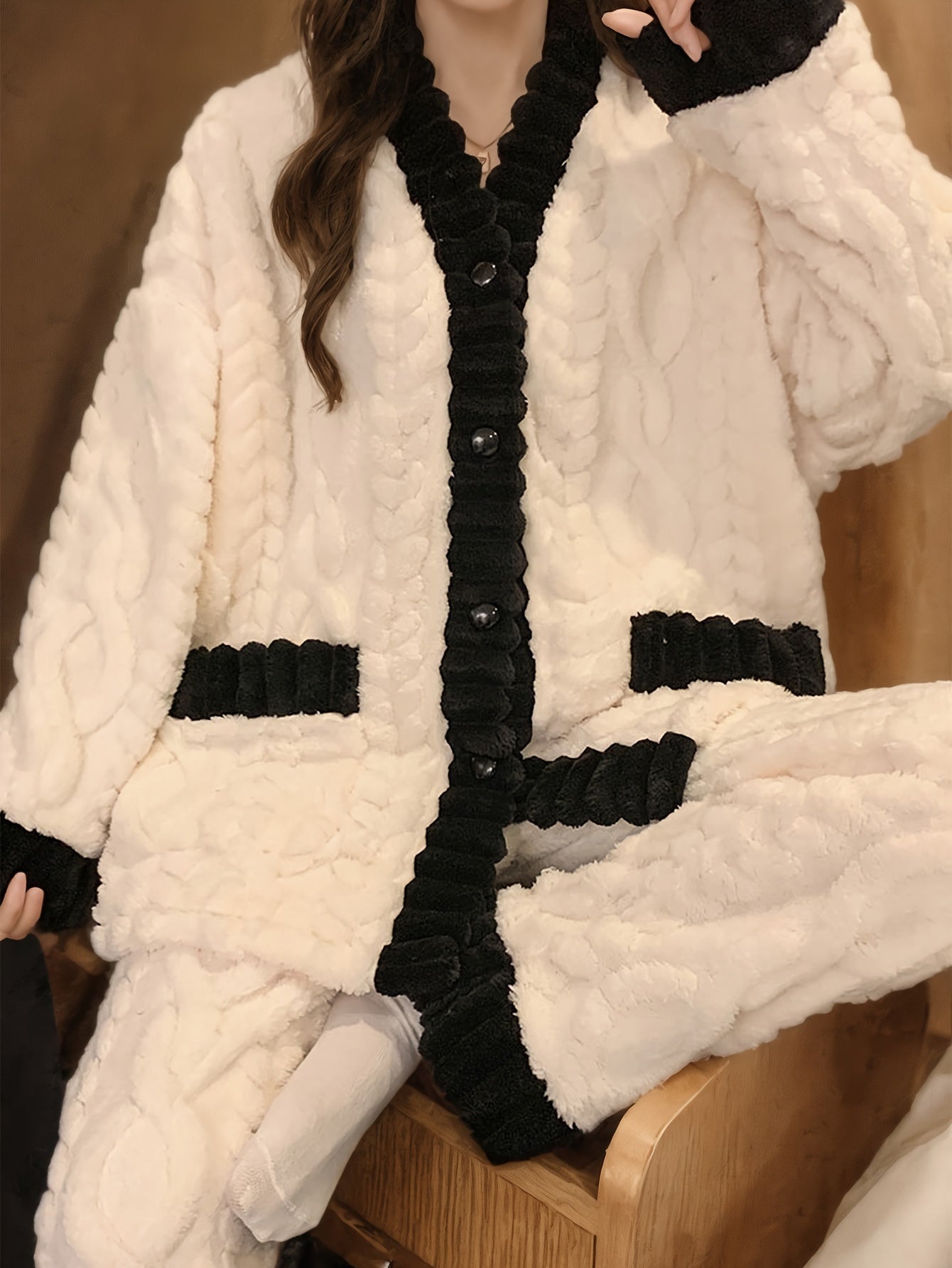 Fleece Lounge Set | V-Neck Button Top | Cozy Winter Warmth | Polyester