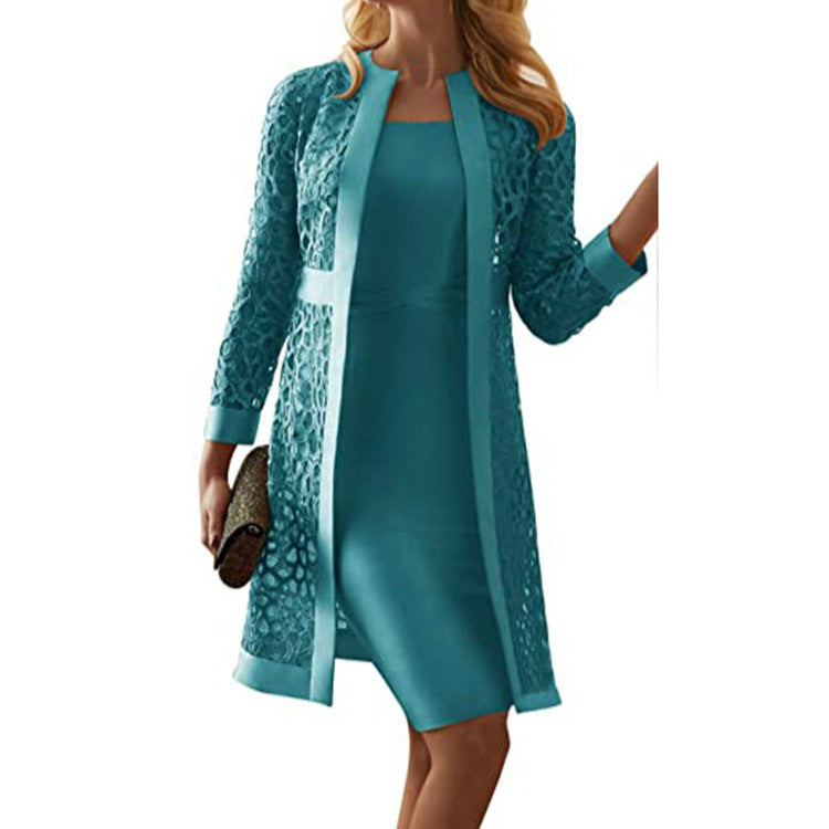 Women’s Two-Piece Dress Set | Delicate Lace Overlay | Polyester Fiber | Elegant Fit for Formal Occasions