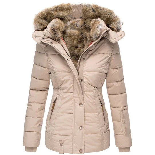 Women's Winter Jacket | Insulating Padded Lining & Faux Fur Hood | Button & Zipper Closure | Warmth and Wind Protection