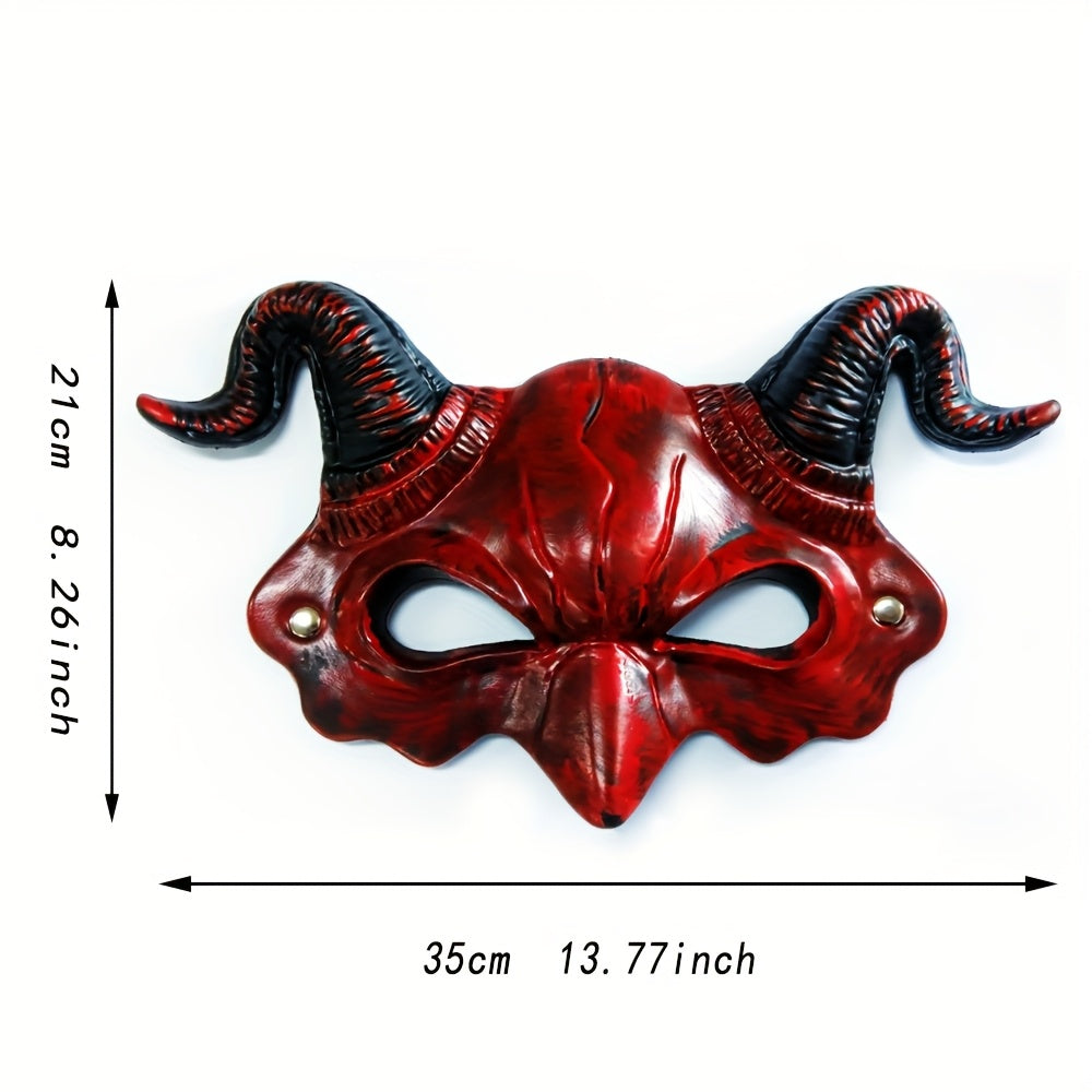 Red Demon Half Face Halloween Mask with Horns, Latex Costume Accessory