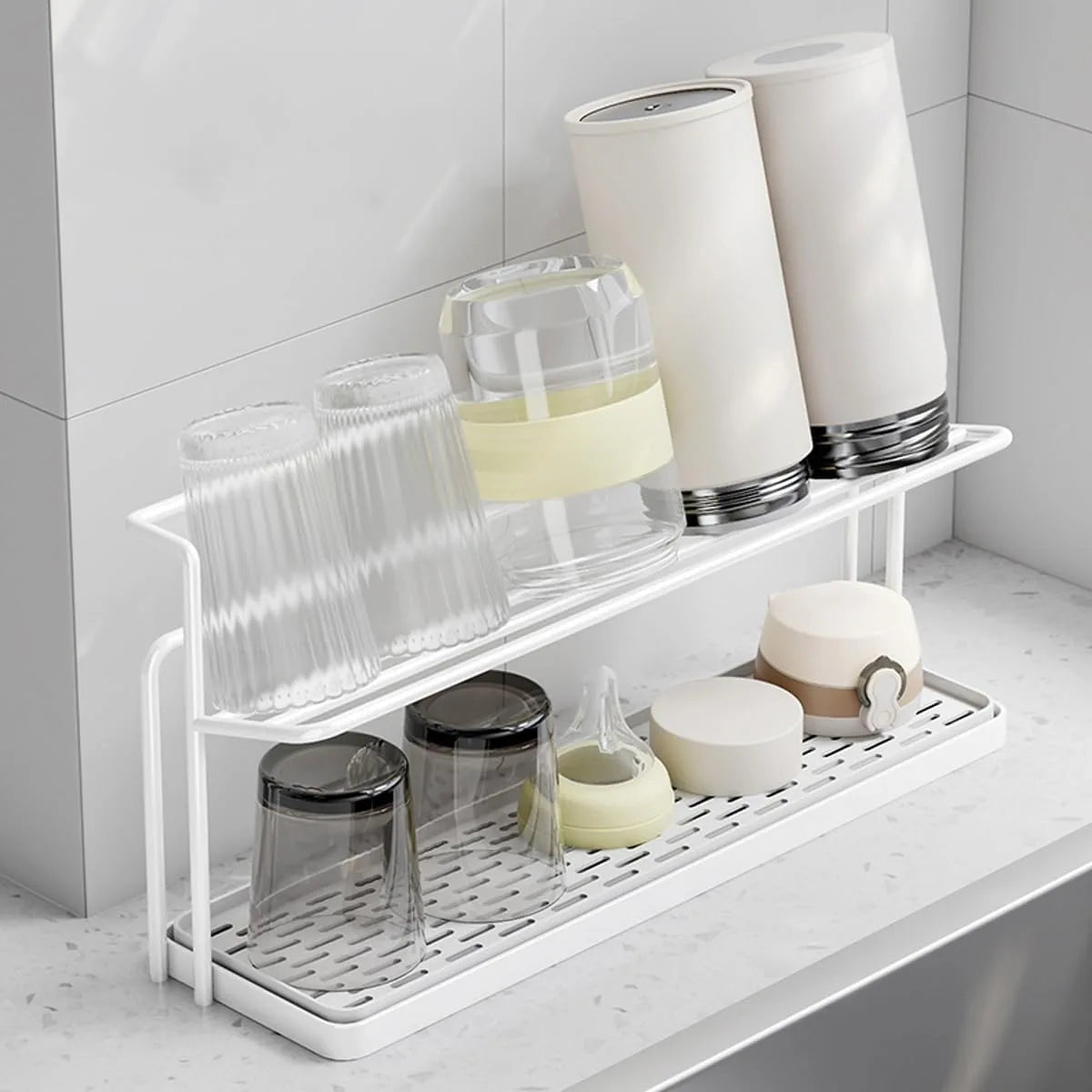 Dual-Layer Stainless Steel Drying Rack with Drain Tray – Ideal Kitchen Organizer for Bottles and Mugs