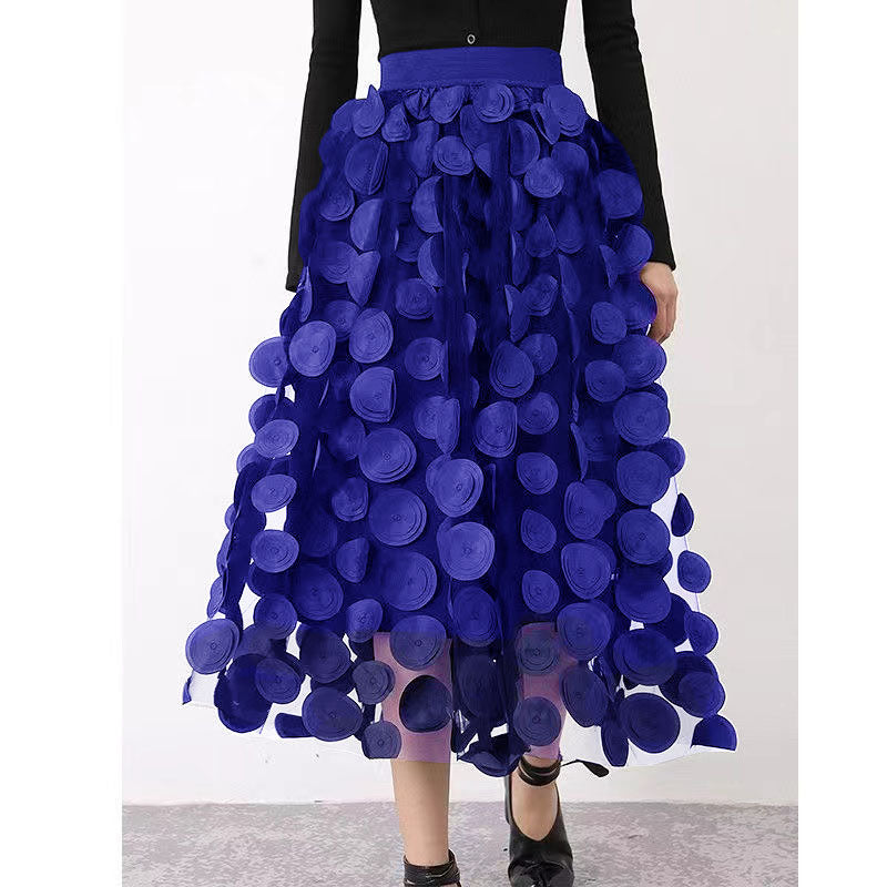 Women’s Circle Skirt | 3D Disc Appliqués & Layered Tulle Overlay | Premium Fabric | Elegant Voluminous Design