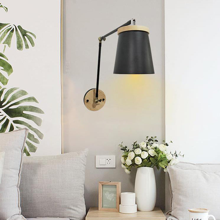 Contemporary Taavita Solid Wood Iron Cylinder Shade 1-Light Wall Lamp for Bedroom – White/Black