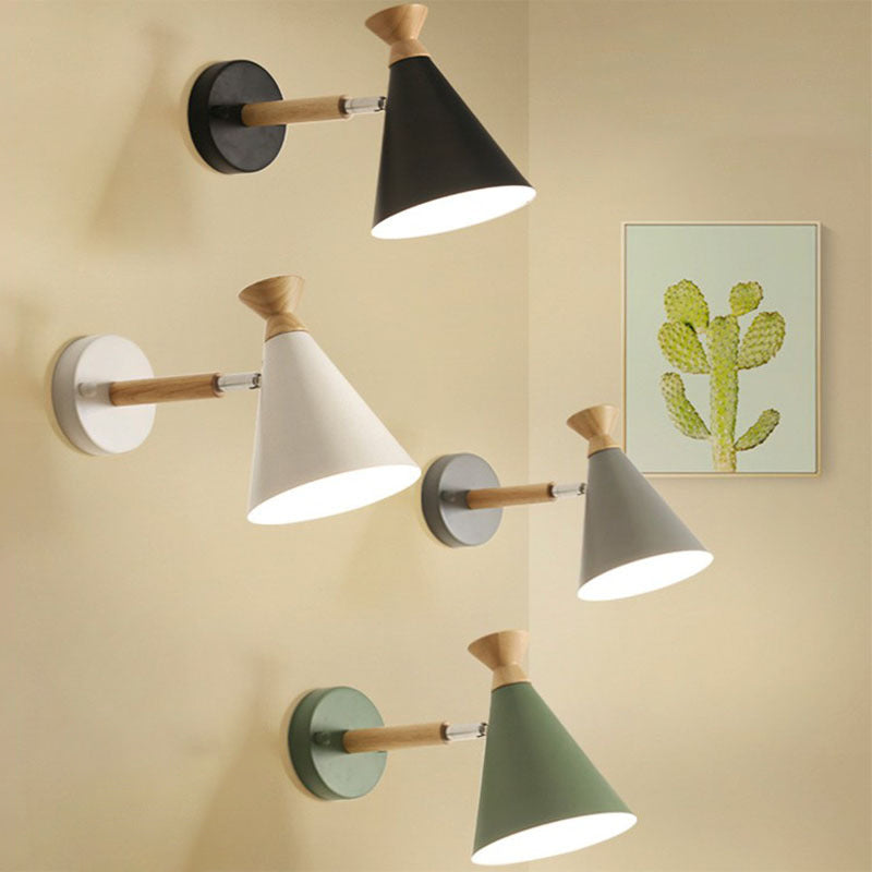 Contemporary Conical Wall Mount Lamp, 1 Light Wall Lighting Ideas with Wooden Top, Modern, LED/Bulb/Fluorescent, 110V-120V 220V-240V, Color: Pink Green Blue Gray White Black, Max. 39 Watts, with Shade, Wall Lamp, E26/E27, Size 5 to 9 Inches, Height 7.5"