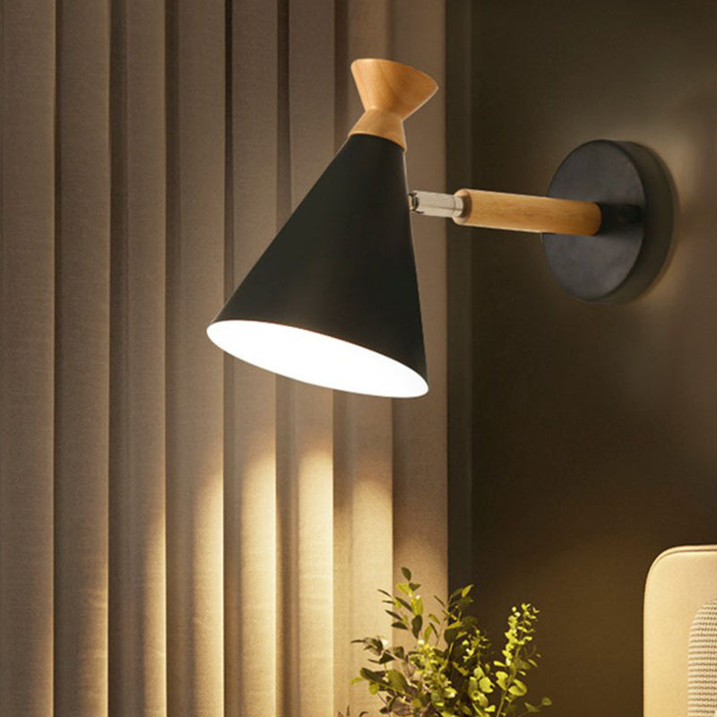 Iron Conical Wall Mounted Lamp Contemporary 1 Bulb Wall Lighting Ideas with Wood Top Grey Clearhalo 'Cast Iron' 'Glass' 'Industrial' 'Modern wall lights' 'Modern' 'Tiffany' 'Traditional wall lights' 'Wall Lamps & Sconces' 'Wall Lights' Lighting' 2024535