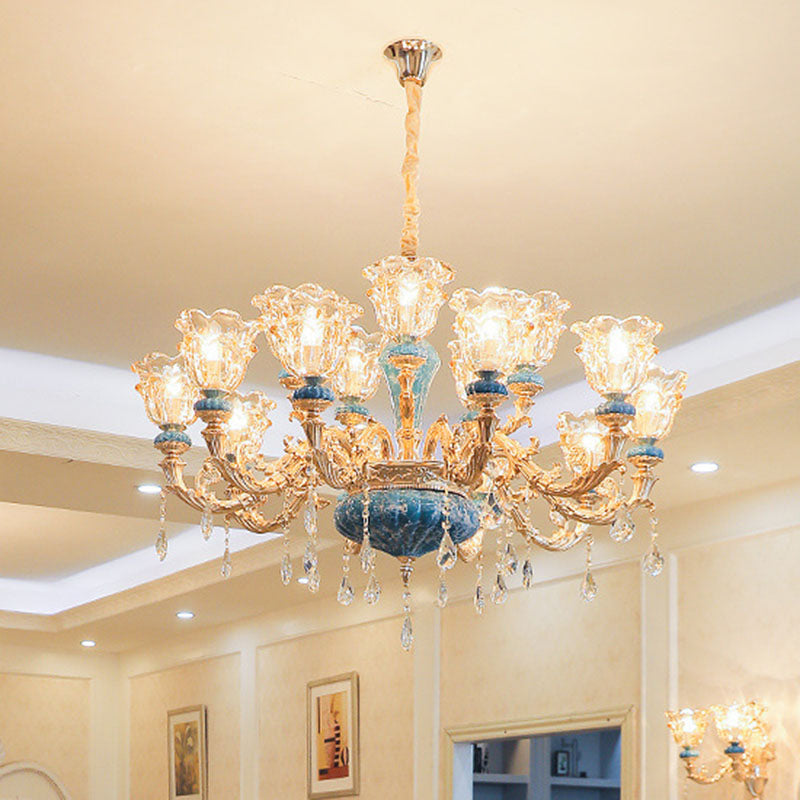 Swooping Arm Living Room Pendant Chandelier Rustic Metal Gold Hanging Ceiling Light with Flower Clear Textured Glass Shade Clearhalo 'Ceiling Lights' 'Chandeliers' Lighting' options 2029787