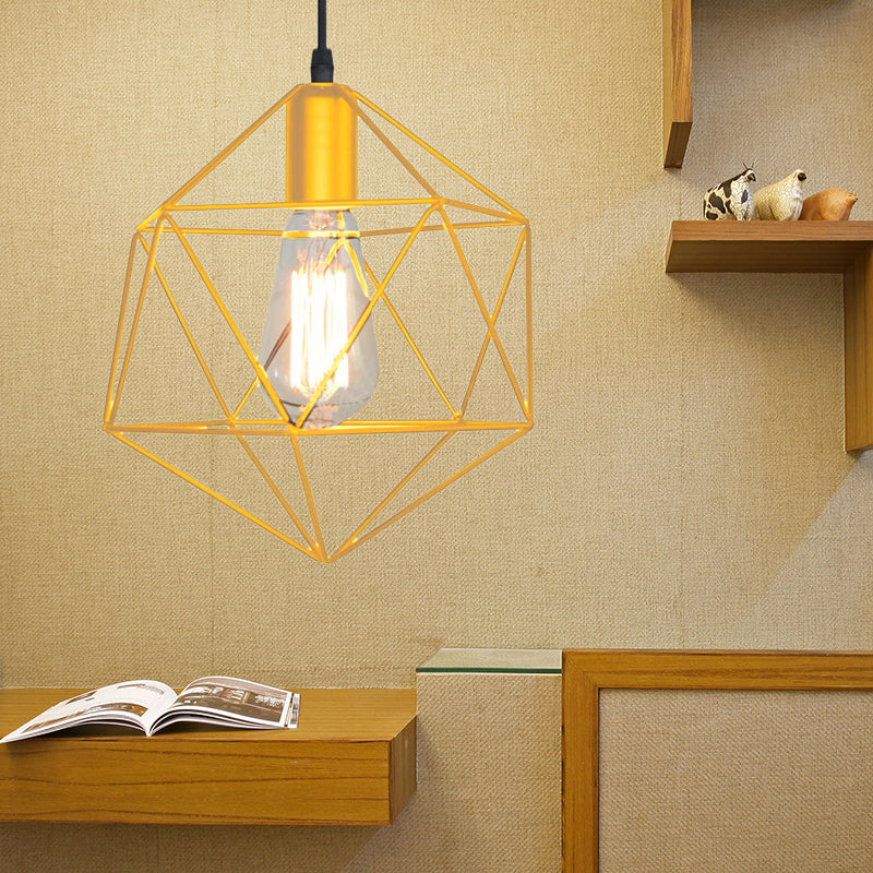 1-Light Geometric Cage Pendant Light Industrial Black/Gold Metal Hanging Lamp for Kitchen Island Clearhalo 'Ceiling Lights' 'Industrial Pendants' 'Industrial' 'Middle Century Pendants' 'Pendant Lights' 'Pendants' 'Tiffany' Lighting' 204473