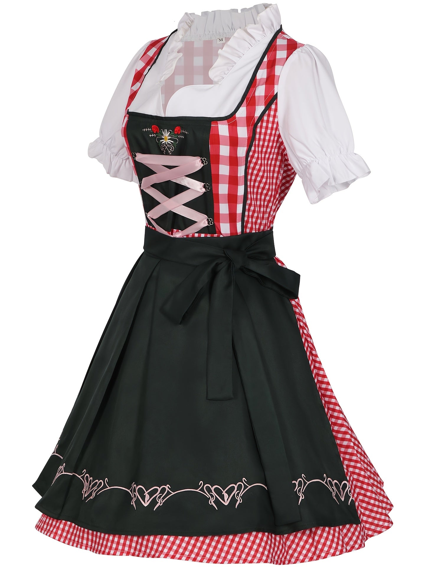 Women's Oktoberfest Dirndl Dress Red Gingham Checkered with Embroidery