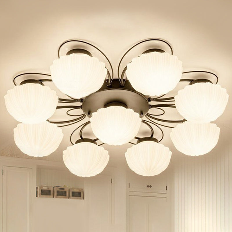 Ribbed Cream Glass Black Flush Mount Chandelier Bowl Classic Semi Flush Light Fixture for Dining Room 4 Black 1 Tier Clearhalo 'Ceiling Lights' 'Close To Ceiling Lights' 'Close to ceiling' 'Glass shade' 'Glass' 'Semi-flushmount' Lighting' 2092274
