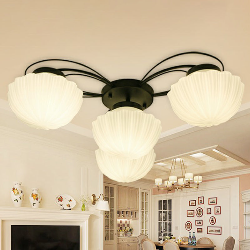Ribbed Cream Glass Black Flush Mount Chandelier Bowl Classic Semi Flush Light Fixture for Dining Room Clearhalo 'Ceiling Lights' 'Close To Ceiling Lights' 'Close to ceiling' 'Glass shade' 'Glass' 'Semi-flushmount' Lighting' 2092269