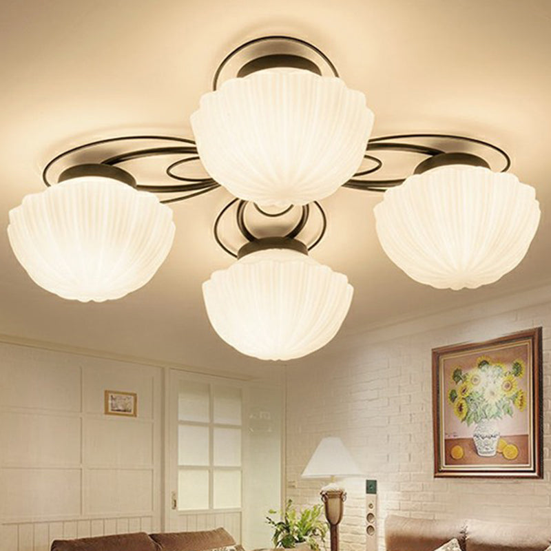 Ribbed Cream Glass Black Flush Mount Chandelier Bowl Classic Semi Flush Light Fixture for Dining Room 3 Black 1 Tier Clearhalo 'Ceiling Lights' 'Close To Ceiling Lights' 'Close to ceiling' 'Glass shade' 'Glass' 'Semi-flushmount' Lighting' 2092275