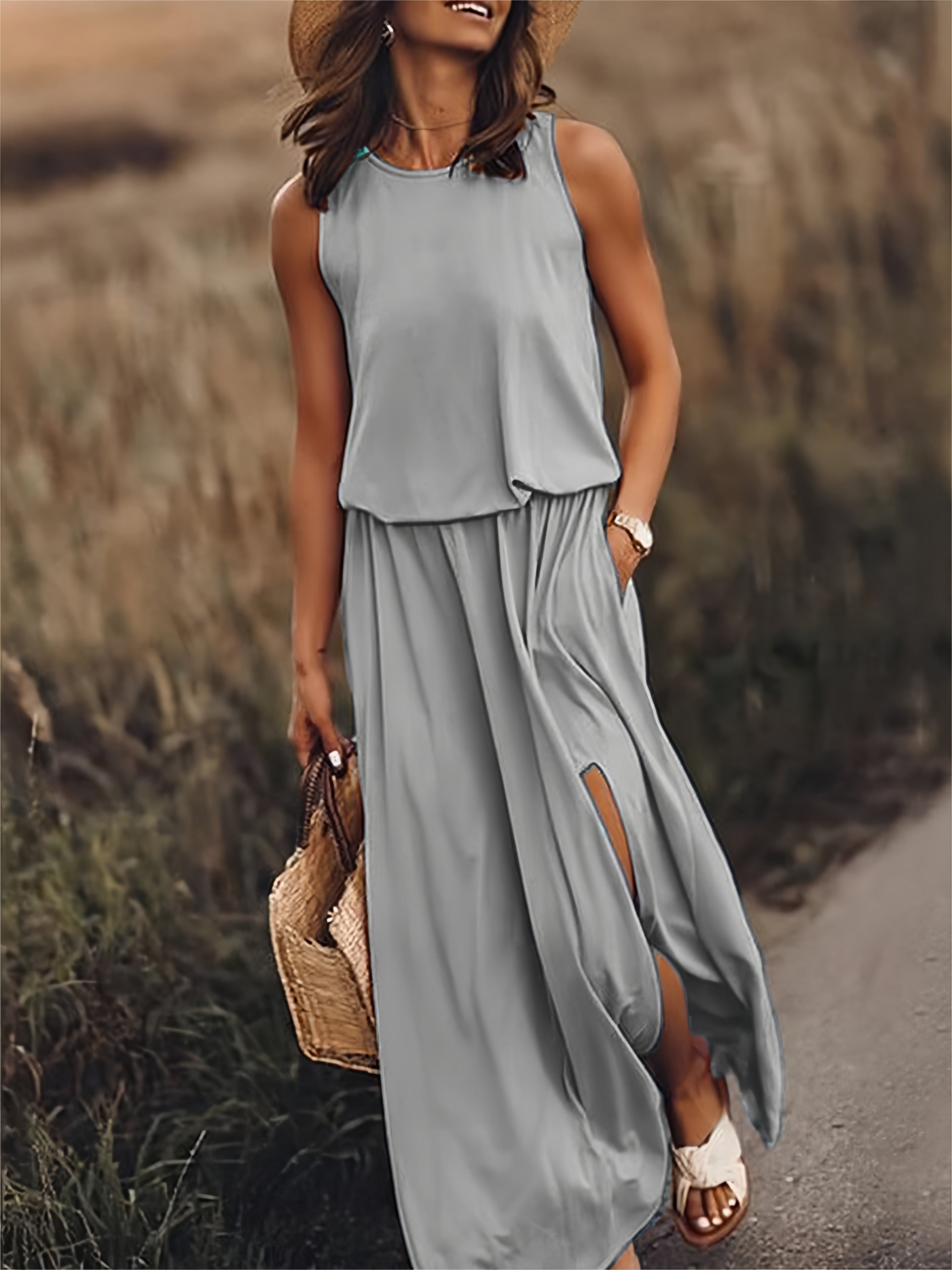 Women’s Maxi Dress | Boho Style with Draped Overlay & Side Slits | Polyester Blend | Comfortable Fit