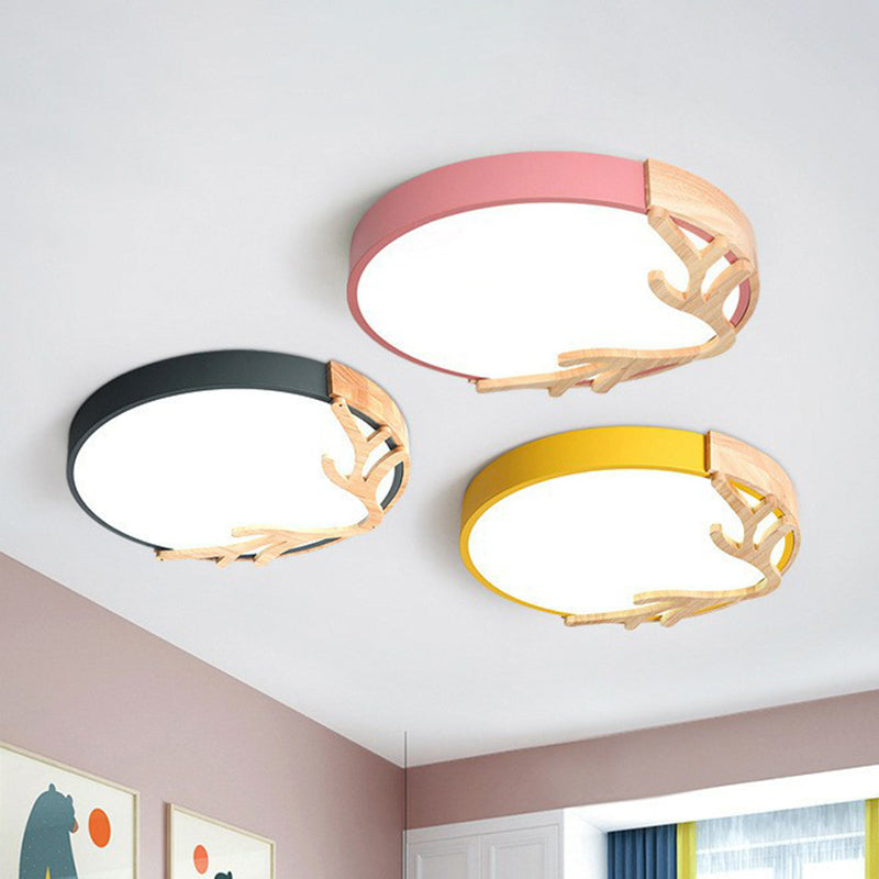 Metal Ultrathin Circle Flush Ceiling Light with Wooden Antler Decor | Taavita LED Flush Mount Lighting Fixture