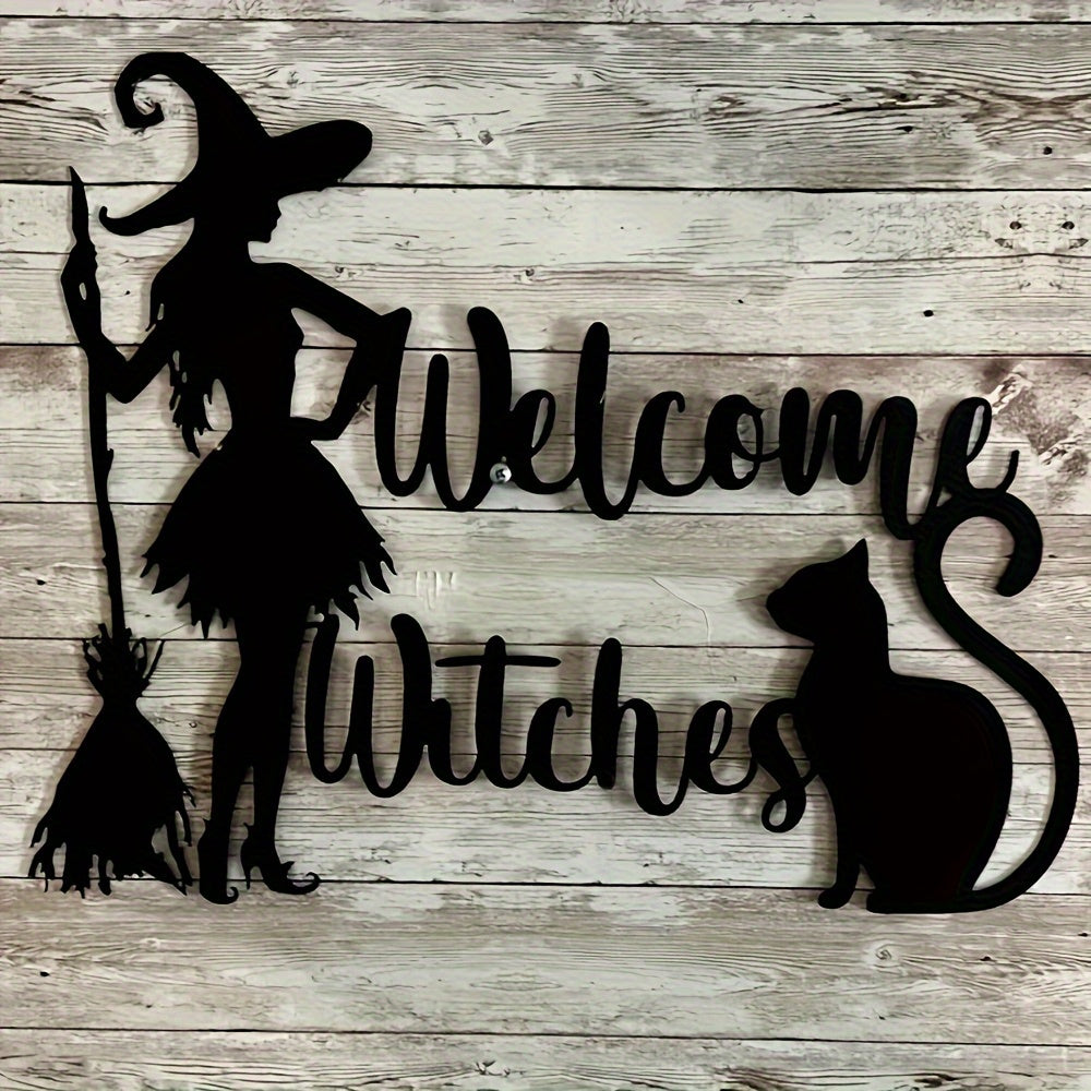 Acrylic Witch and Cat Halloween Welcome Sign – Classic No-Power Door Decor