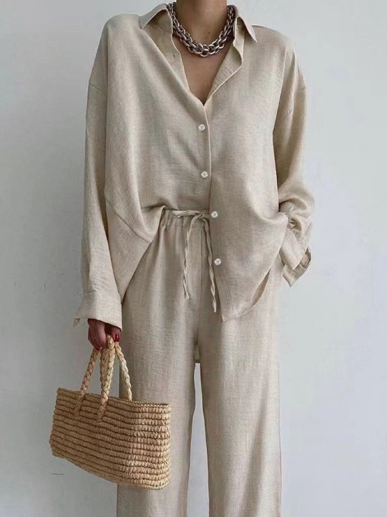 Women’s Linen Outfit | Breathable Button-Front Top & Wide-Leg Drawstring Pants | Cotton-Polyester Blend | Comfortable Fit