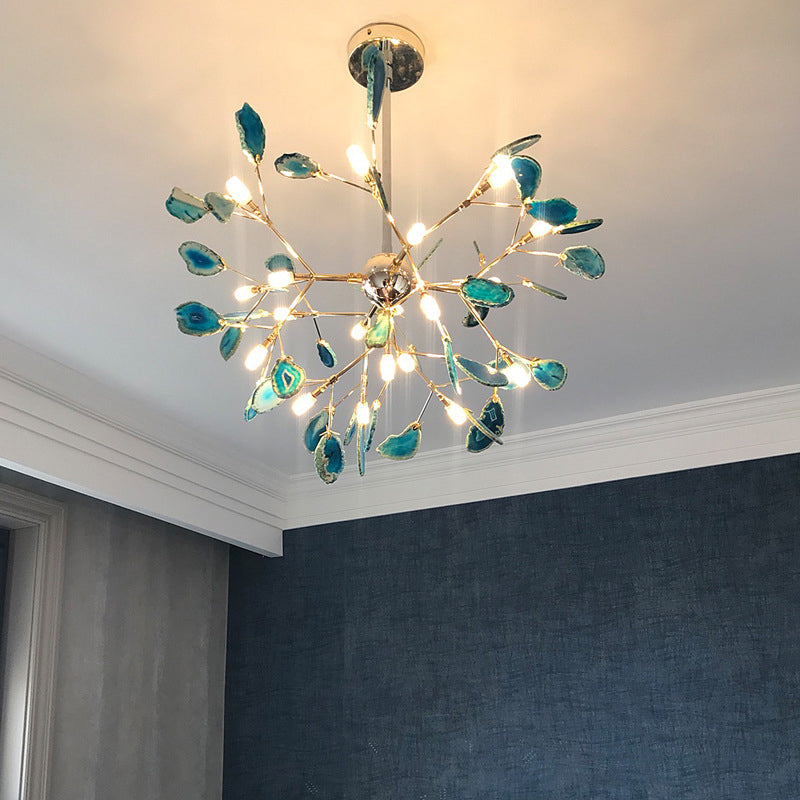 Taavita Firefly LED Ceiling Lighting Artistic Agate Gold Chandelier Light for Living Room with Purple Navy Blue Shade