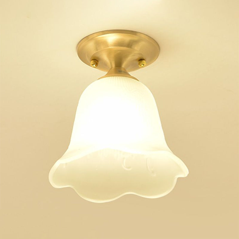 Taavita Floral Cream Glass Semi Flush Single Vintage Corridor Ceiling Light Fixture in Gold