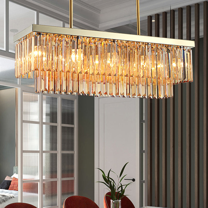 Rectangle Hanging Lamp Kit Contemporary Clear/Amber Crystal Block 8 Lights Dining Room Island Lamp, 31.5"/39" W Clear 31.5" Clearhalo 'Ceiling Lights' 'Island Lights' Lighting' 223130