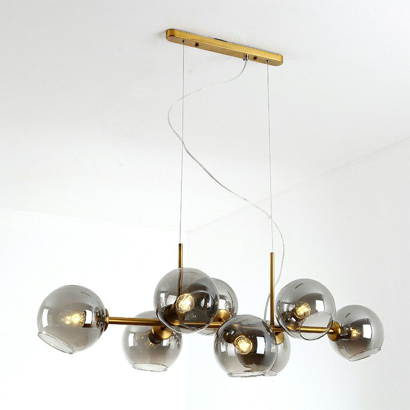 Postmodern 8-Head Island Pendant Light Global Hanging Fixture with Glass Shade for Dining Room in Black Gold and Clear Smoke Grey