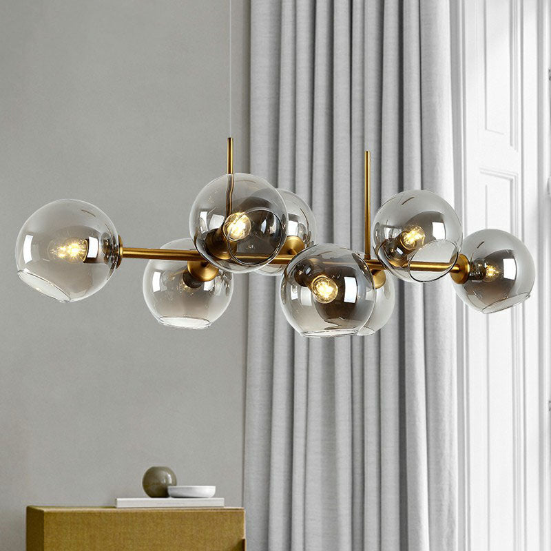 Postmodern 8-Head Island Pendant Light Global Hanging Fixture with Glass Shade for Dining Room in Black Gold and Clear Smoke Grey
