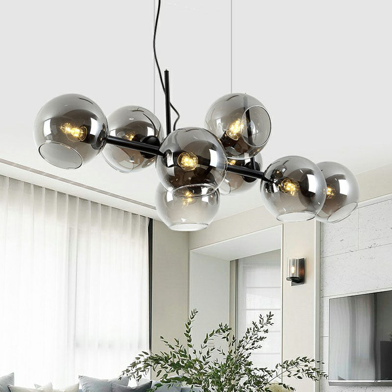Postmodern 8-Head Island Pendant Light Global Hanging Fixture with Glass Shade for Dining Room in Black Gold and Clear Smoke Grey