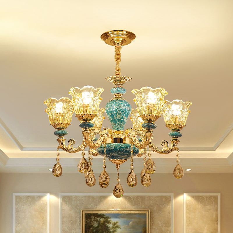2-Layered Flower Chandelier Vintage Gold Finish Clear Glass Hanging Ceiling Light Clearhalo 'Ceiling Lights' 'Chandeliers' Lighting' options 2275629