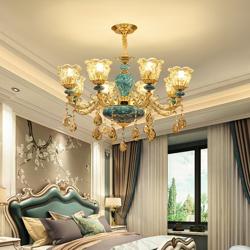 2-Layered Flower Chandelier with Vintage Gold Finish and Clear Glass Shade for Hanging Ceiling Light