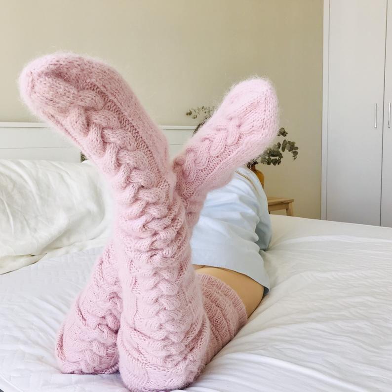 Thigh-High Socks | Cable-Knit Wool Blend | Elastic Top for Secure Fit | Indoor Warmth and Comfort