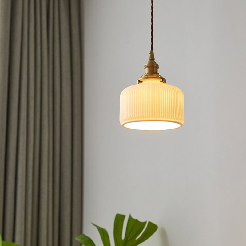 Taavita Retro Style Rounded Drum Pendant Ceiling Light - 1 Head Ceramic Suspension Lighting in Brass