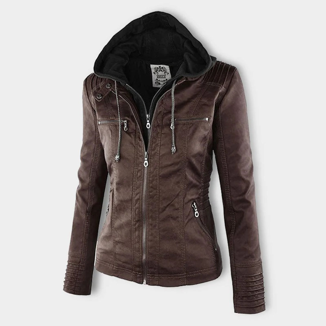 Women’s Weatherproof Leather Jacket | Detachable Hood & Zip Closure | Durable Polyester Fiber | Comfortable Fit
