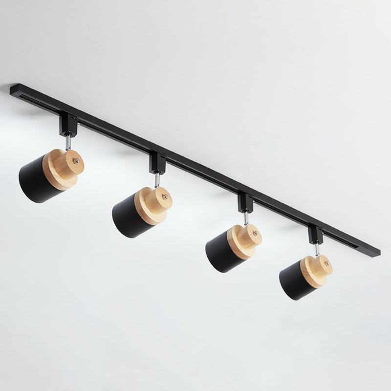 Nordic Cylindrical Flush Mount Spotlight Metal Bedroom Semi Flush Track Light with Wood Deco 3 Black Clearhalo 'Ceiling Lights' 'Close To Ceiling Lights' 'Close to ceiling' 'Semi-flushmount' Lighting' 2311465