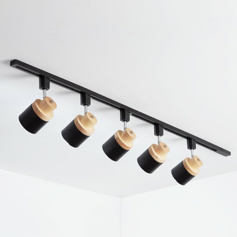 Nordic Cylindrical Flush Mount Spotlight Metal Bedroom Semi Flush Track Light with Wood Deco 2 Black Clearhalo 'Ceiling Lights' 'Close To Ceiling Lights' 'Close to ceiling' 'Semi-flushmount' Lighting' 2311471