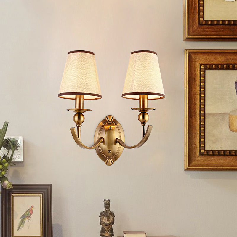 Conical Fabric Shade Wall Light Vintage 1/2-Light Brass Wall Sconce Lighting for Bedroom Clearhalo 'Wall Lamps & Sconces' 'Wall Lights' Lighting' 231566