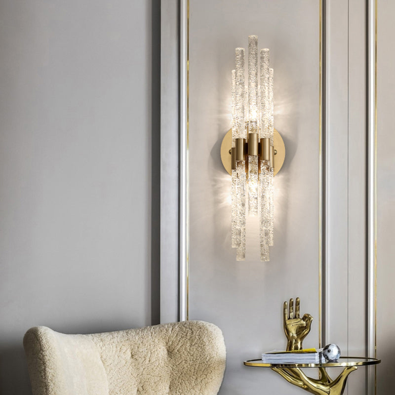 Simple Style Tubular Sconce Lighting with Clear Rippled Crystal - 2-Head Bedroom Wall Light in Taavita
