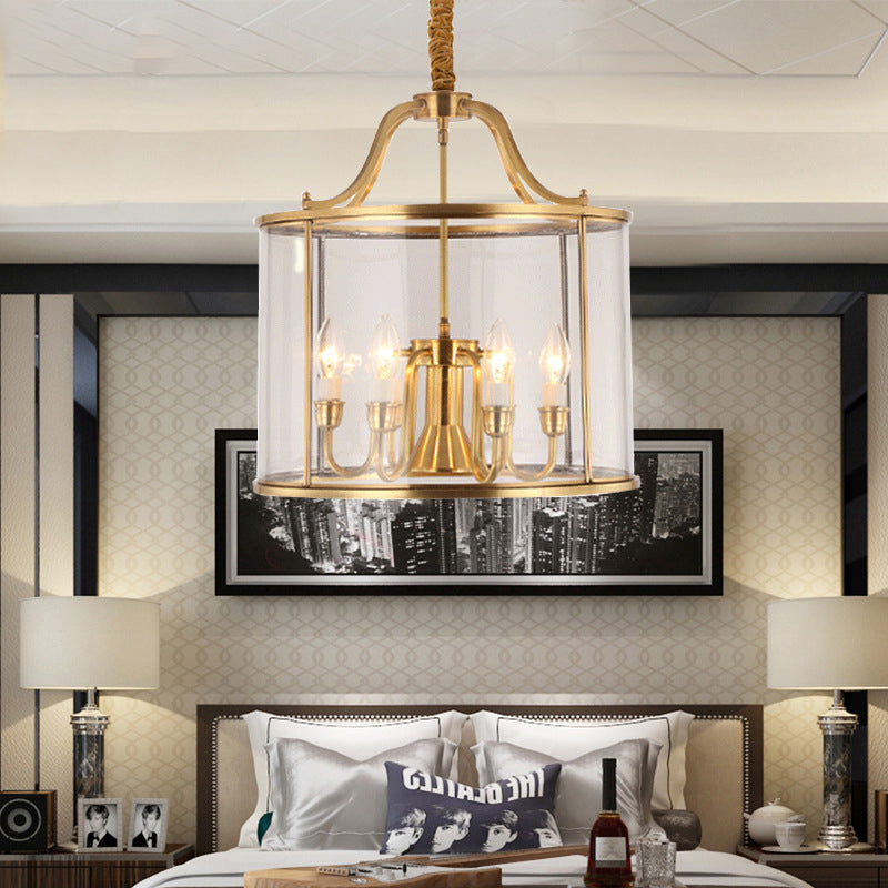 8"/18" Wide Cylindrical Chandelier Lighting Clear Glass Brass 3/5 Bulbs Hanging Ceiling Light