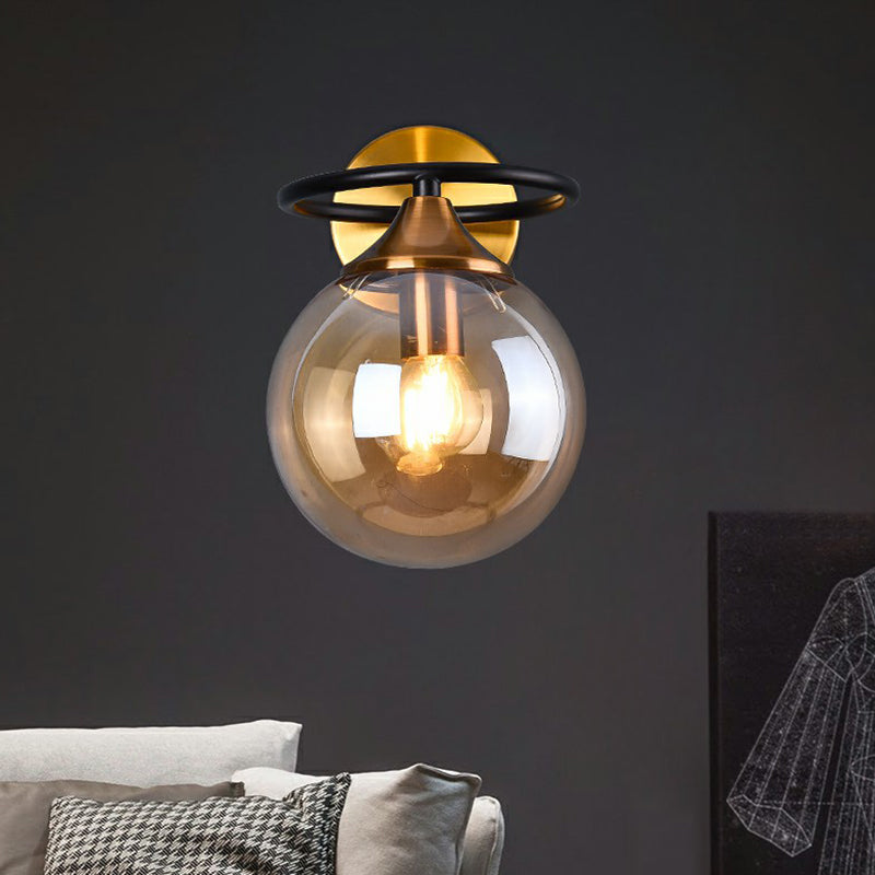 Taavita Postmodern Style 1-Light Ball Wall Sconce Light Fixture with Glass Shade for Bedroom in Brass, Smoke Gray Amber Color