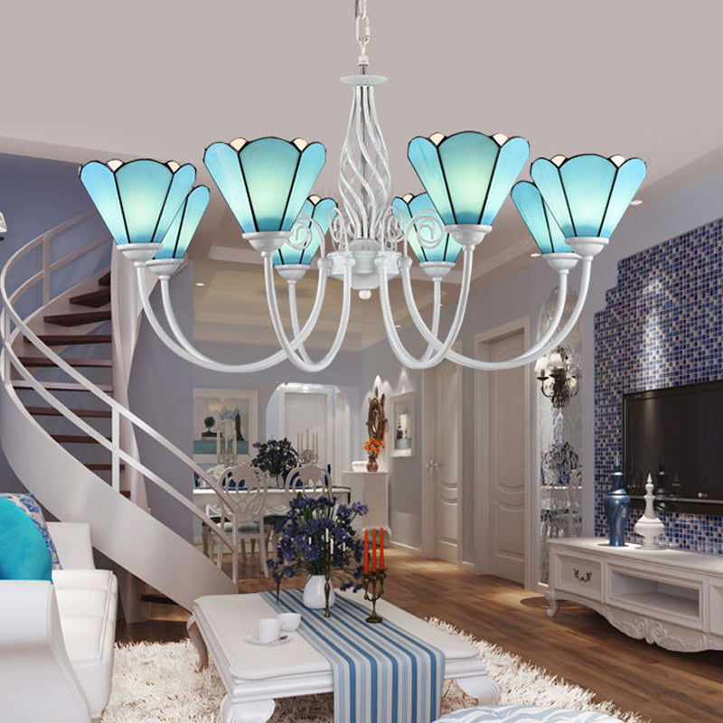 Conical Mediterranean Blue Handcrafted Glass Chandelier with White Arched Arm Hanging Ceiling Light