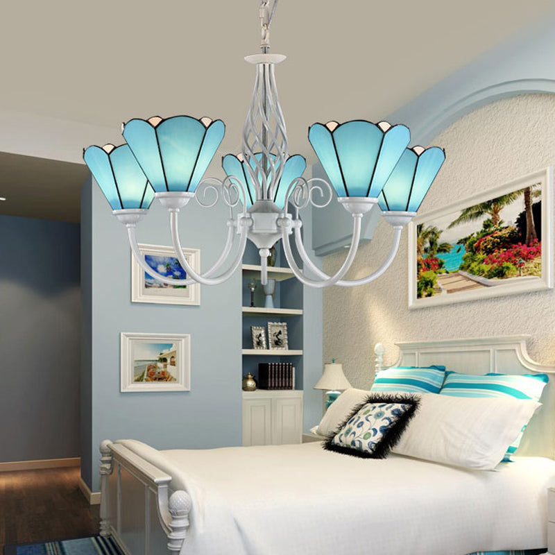 Conical Hanging Ceiling Light Mediterranean Blue Handcrafted Glass Chandelier with White Arched Arm 8 Blue Down Clearhalo 'Ceiling Lights' 'Chandeliers' 'Close To Ceiling Lights' 'Industrial' 'Middle Century Chandeliers' 'Tiffany Chandeliers' 'Tiffany close to ceiling' 'Tiffany' Lighting' 2389170