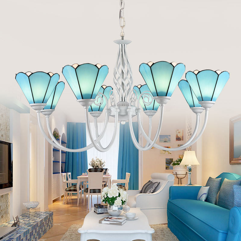 Conical Hanging Ceiling Light Mediterranean Blue Handcrafted Glass Chandelier with White Arched Arm 5 Blue Down Clearhalo 'Ceiling Lights' 'Chandeliers' 'Close To Ceiling Lights' 'Industrial' 'Middle Century Chandeliers' 'Tiffany Chandeliers' 'Tiffany close to ceiling' 'Tiffany' Lighting' 2389174