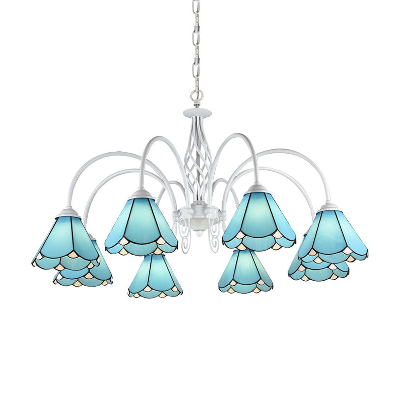 Conical Hanging Ceiling Light Mediterranean Blue Handcrafted Glass Chandelier with White Arched Arm 3 Blue Down Clearhalo 'Ceiling Lights' 'Chandeliers' 'Close To Ceiling Lights' 'Industrial' 'Middle Century Chandeliers' 'Tiffany Chandeliers' 'Tiffany close to ceiling' 'Tiffany' Lighting' 2389176