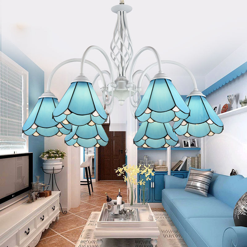 Conical Mediterranean Blue Handcrafted Glass Chandelier with White Arched Arm Hanging Ceiling Light