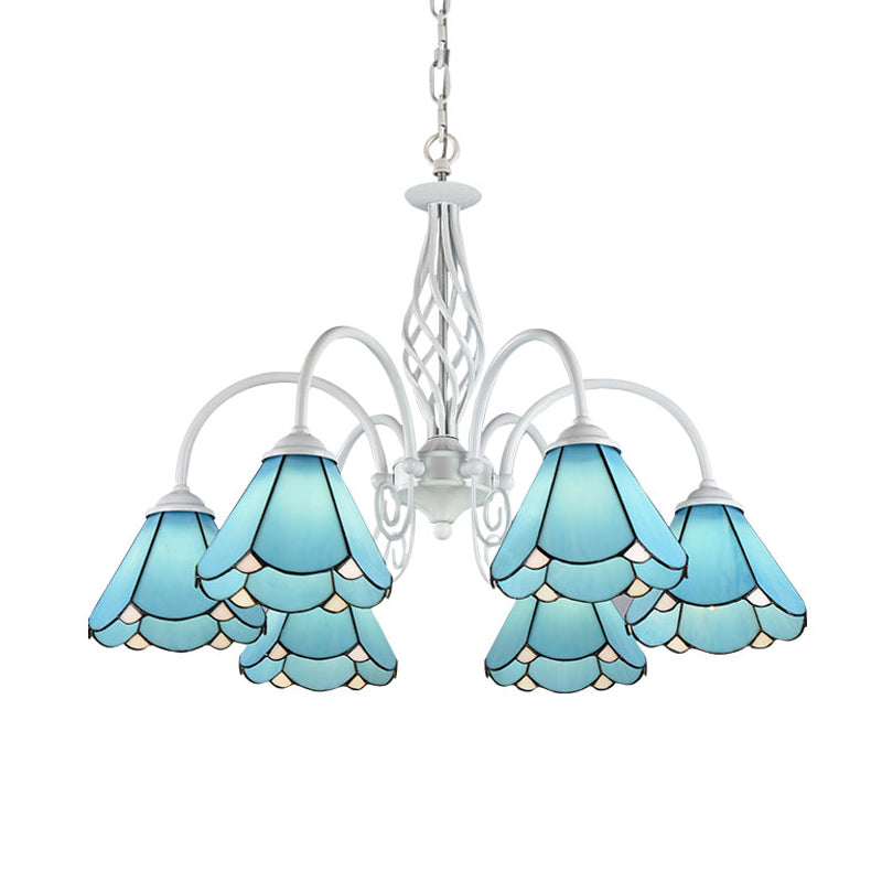 Conical Hanging Ceiling Light Mediterranean Blue Handcrafted Glass Chandelier with White Arched Arm 5 Blue Up Clearhalo 'Ceiling Lights' 'Chandeliers' 'Close To Ceiling Lights' 'Industrial' 'Middle Century Chandeliers' 'Tiffany Chandeliers' 'Tiffany close to ceiling' 'Tiffany' Lighting' 2389167