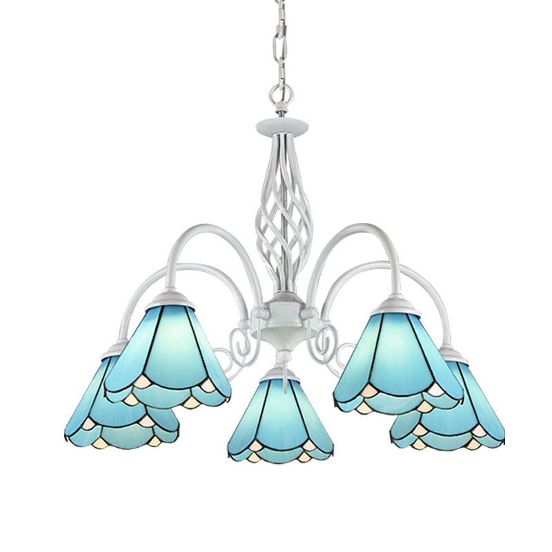 Conical Hanging Ceiling Light Mediterranean Blue Handcrafted Glass Chandelier with White Arched Arm 6 Blue Down Clearhalo 'Ceiling Lights' 'Chandeliers' 'Close To Ceiling Lights' 'Industrial' 'Middle Century Chandeliers' 'Tiffany Chandeliers' 'Tiffany close to ceiling' 'Tiffany' Lighting' 2389172
