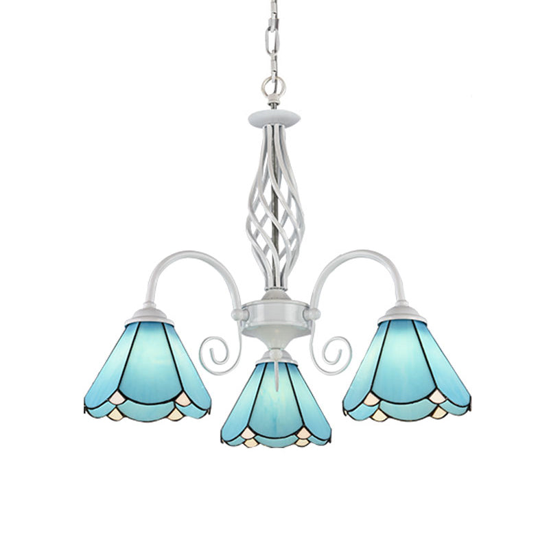 Conical Hanging Ceiling Light Mediterranean Blue Handcrafted Glass Chandelier with White Arched Arm Clearhalo 'Ceiling Lights' 'Chandeliers' 'Close To Ceiling Lights' 'Industrial' 'Middle Century Chandeliers' 'Tiffany Chandeliers' 'Tiffany close to ceiling' 'Tiffany' Lighting' 2389171