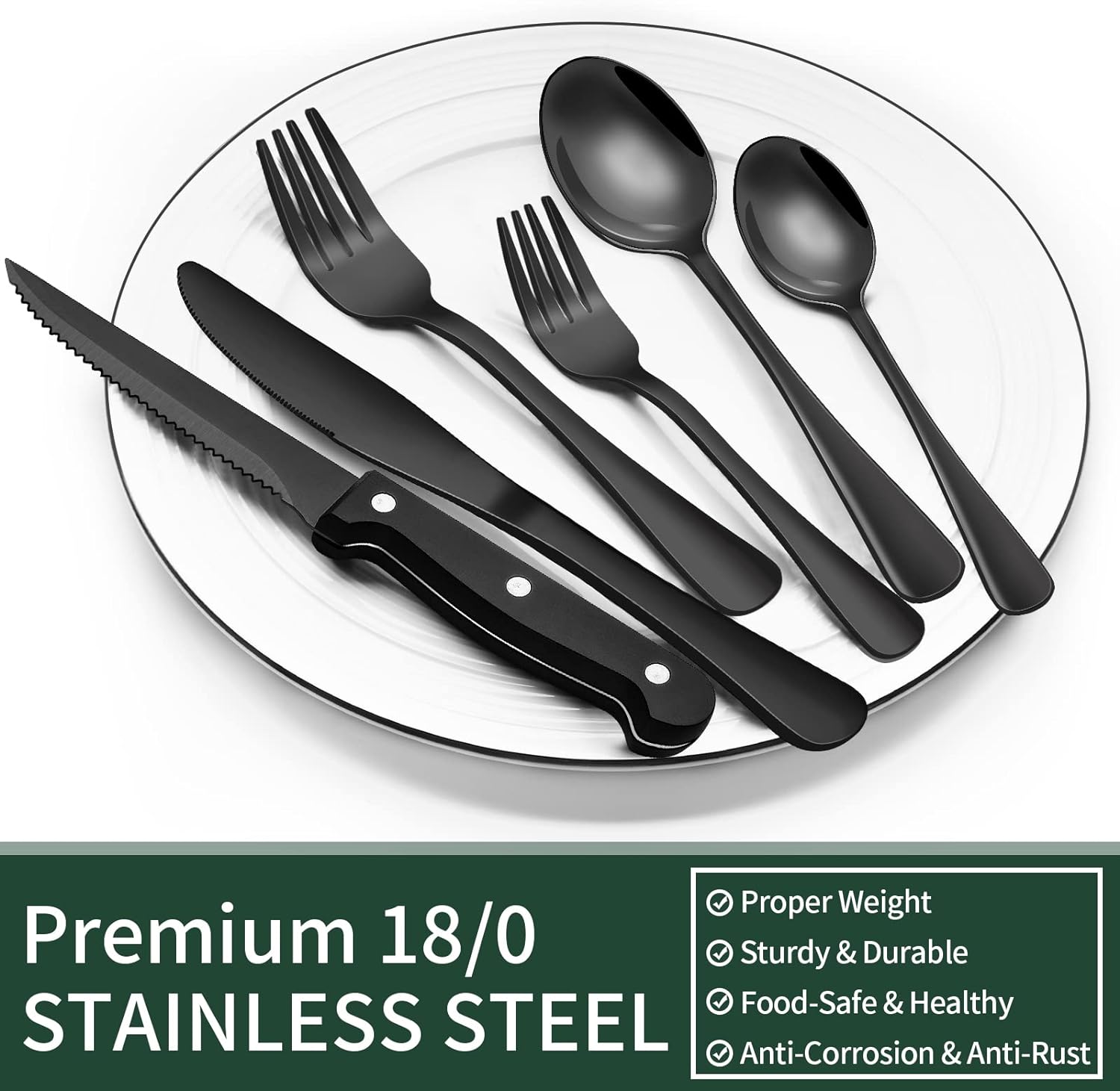 Elegant 24-Piece Black Cutlery Set for Four with Steak Knives